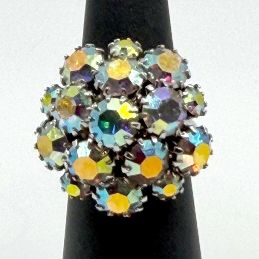 Sarah Coventry Cocktail Multicolor AB Rhinestone Cluster Ring Adjustable VIDEO